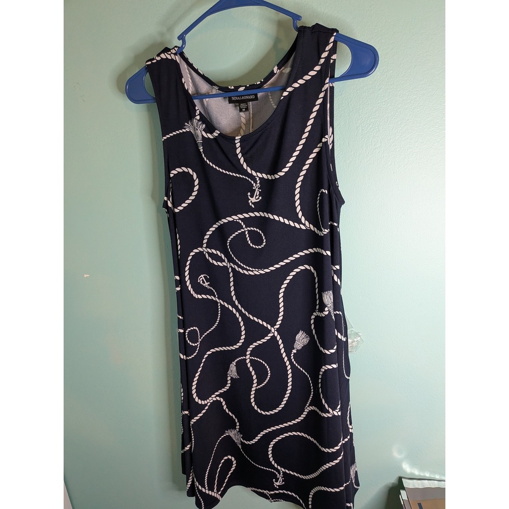 Nina Leonard Navy Blue Nautical Rope Anchor Print Sleeveless Shift Dress Medium